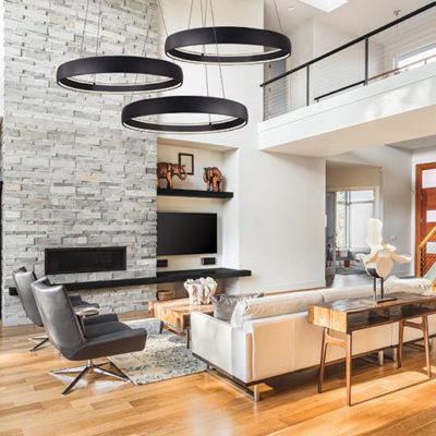 Pendant Lighting Modern HALO Kuzco pd22723-bk  in a living room cathedral ceiling