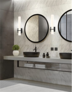 Luminaire mural moderne BHUTAN Kuzco WS83218-BK dans la salle de bain de chaque côté des miroirs ronds